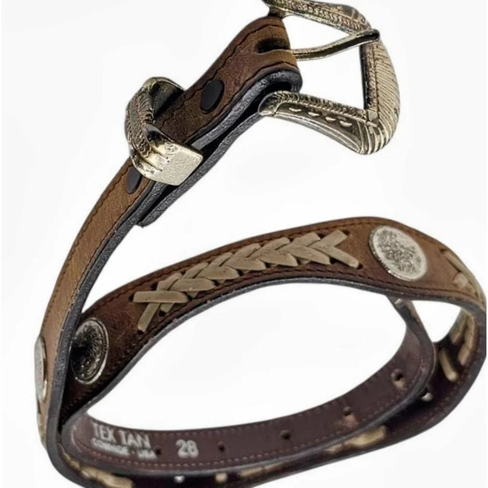 VTG Tex Tan 28872 Brown Leather Western Belt Silver Conchos Braided‎ Inset Sz 28